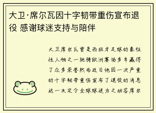 大卫·席尔瓦因十字韧带重伤宣布退役 感谢球迷支持与陪伴 大卫·席尔瓦因十字韧带重伤宣布退役 感谢球迷支持与陪伴